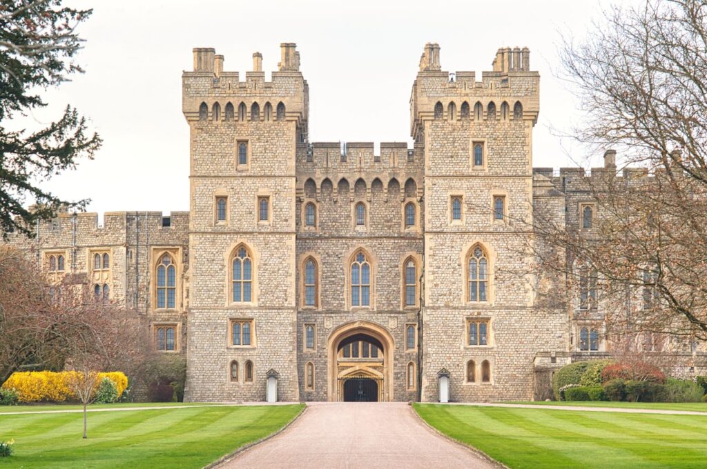 Entrance view of Windsor Castle, a historic landmark in England.